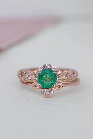 Natural emerald engagement ring set, celtic bridal ring set / Horta - Eden Garden Jewelry™
