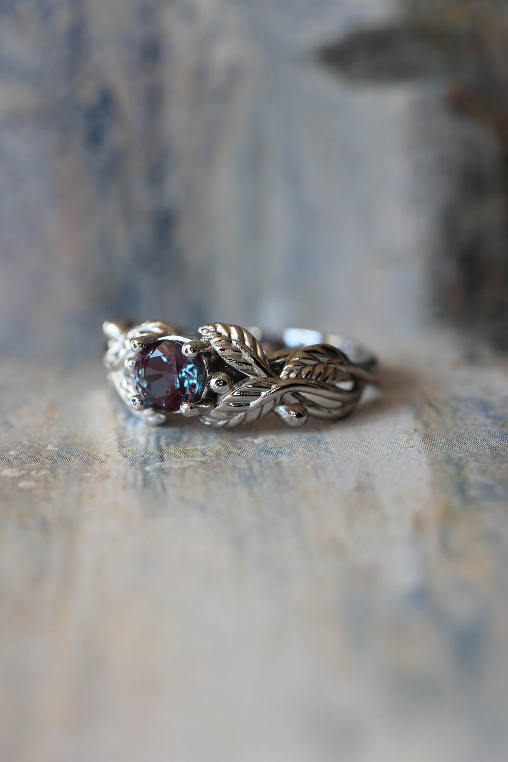 Lab alexandrite engagement ring, white gold nature themed promise ring / Cornus - Eden Garden Jewelry™