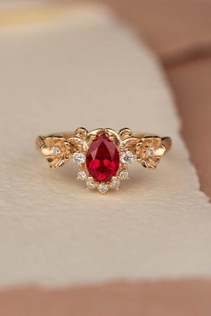 Ruby and crown diamonds engagement ring, gold flower proposal ring / Adelina - Eden Garden Jewelry™