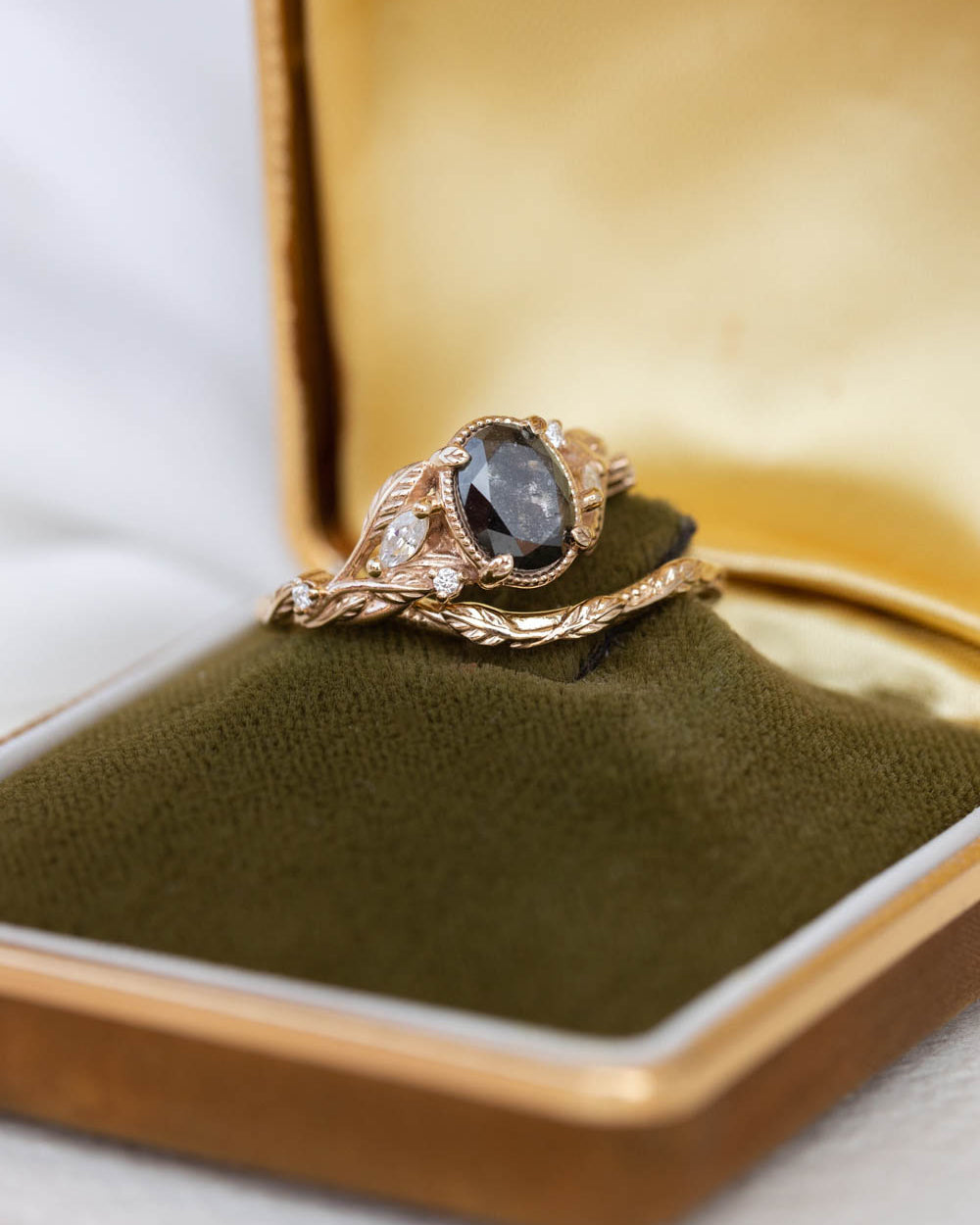Oval salt and pepper diamond engagement ring set, nature inspired bridal ring set with diamonds / Patricia - Eden Garden Jewelry™