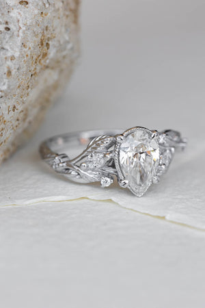 Pear lab grown diamond engagement ring, white gold nature inspired ring with leaves and diamonds / Patricia