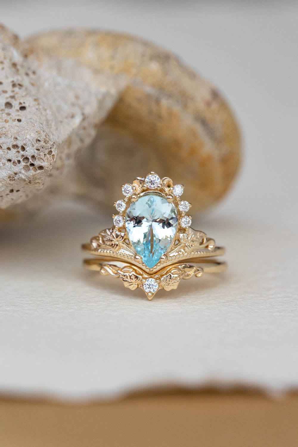 2.8 carat aquamarine bridal ring set, big pear cut engagement rings with diamond crown / Ariadne - Eden Garden Jewelry™