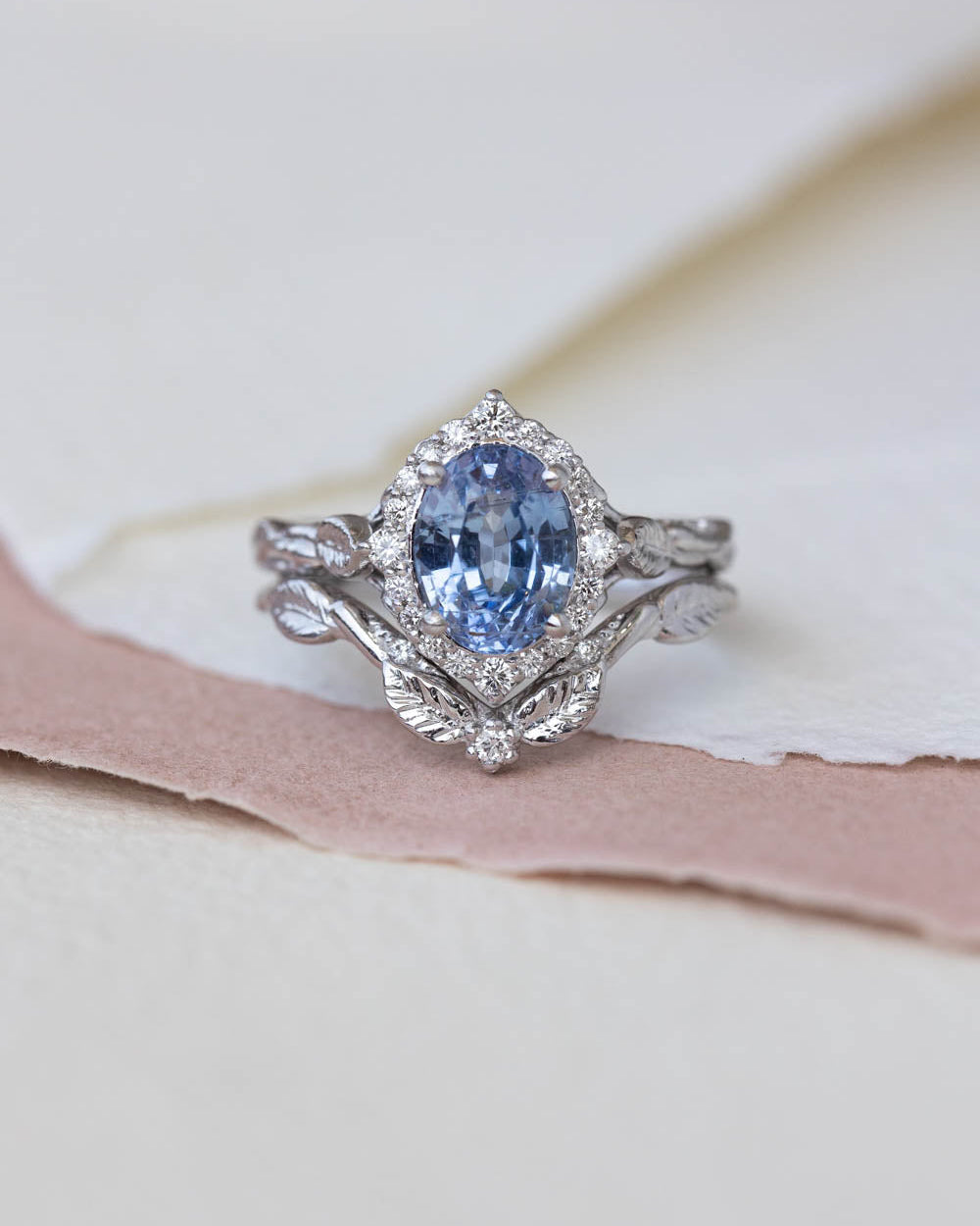 Natural sapphire and diamond halo engagement ring set, gorgeous bridal ring set with diamonds / Florentina - Eden Garden Jewelry™