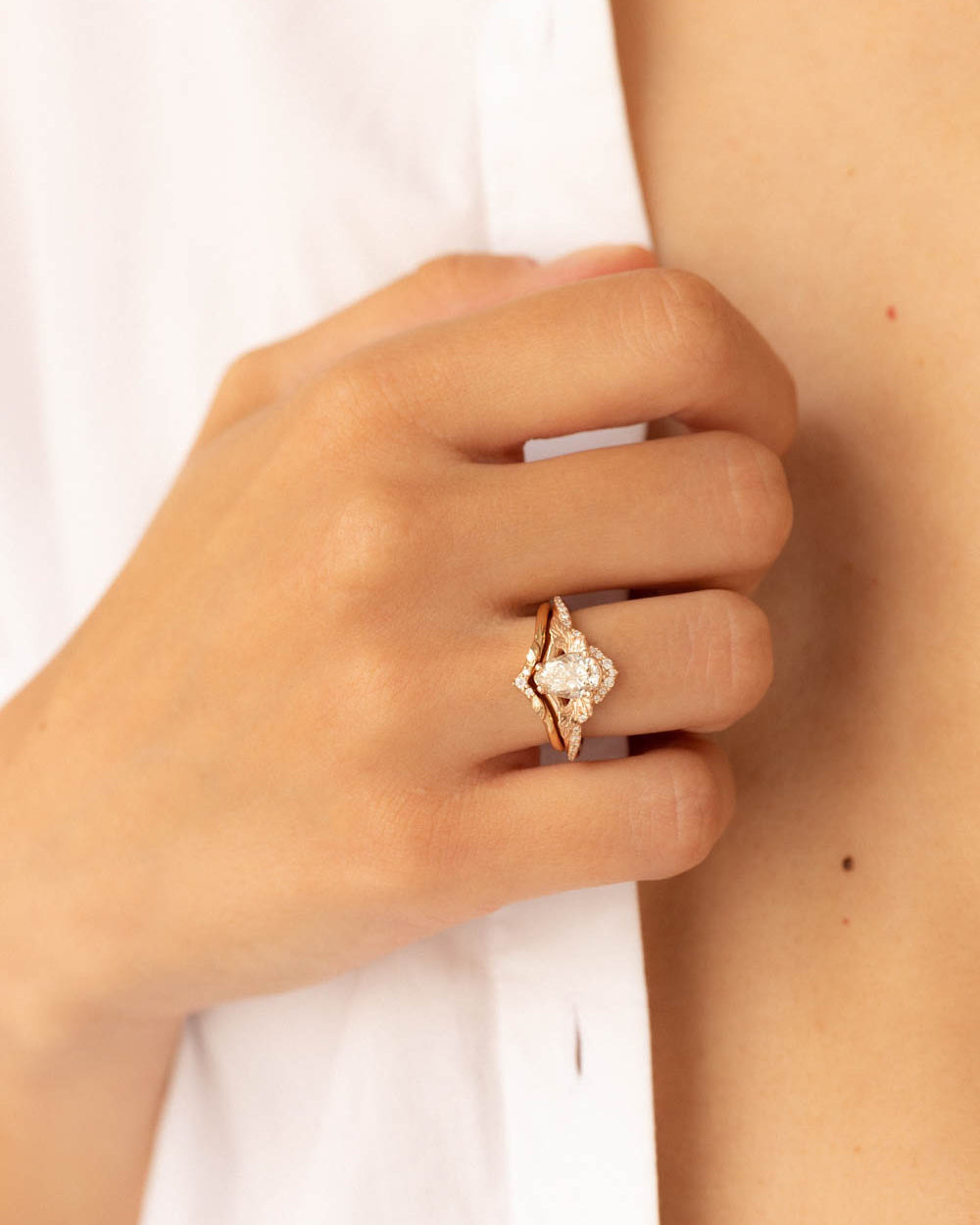 Lab grown diamond engagement ring set, rose gold leaves and diamonds crown bridal ring set / Amelia - Eden Garden Jewelry™