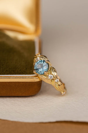 Blue sky sapphire engagement ring, gold leaves and accent diamonds proposal ring / Clematis - Eden Garden Jewelry™