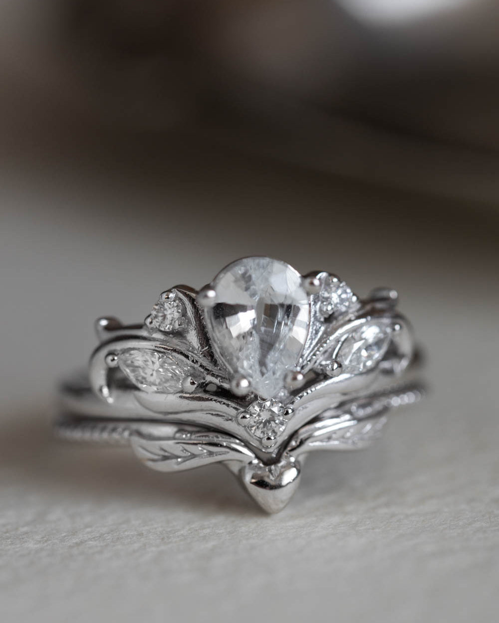 White sapphire gold engagement ring set, nature themed promise ring / Swanlake - Eden Garden Jewelry™