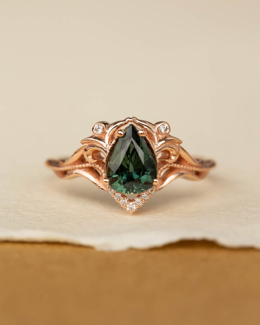 1.3 ct genuine green sapphire engagement ring, teardrop sapphire and diamonds proposal ring / Lida small - Eden Garden Jewelry™
