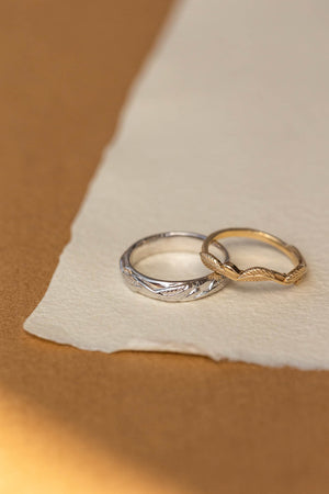 Wedding rings set for couples: white gold leaf band for him, gold twig band for her - Eden Garden Jewelry™