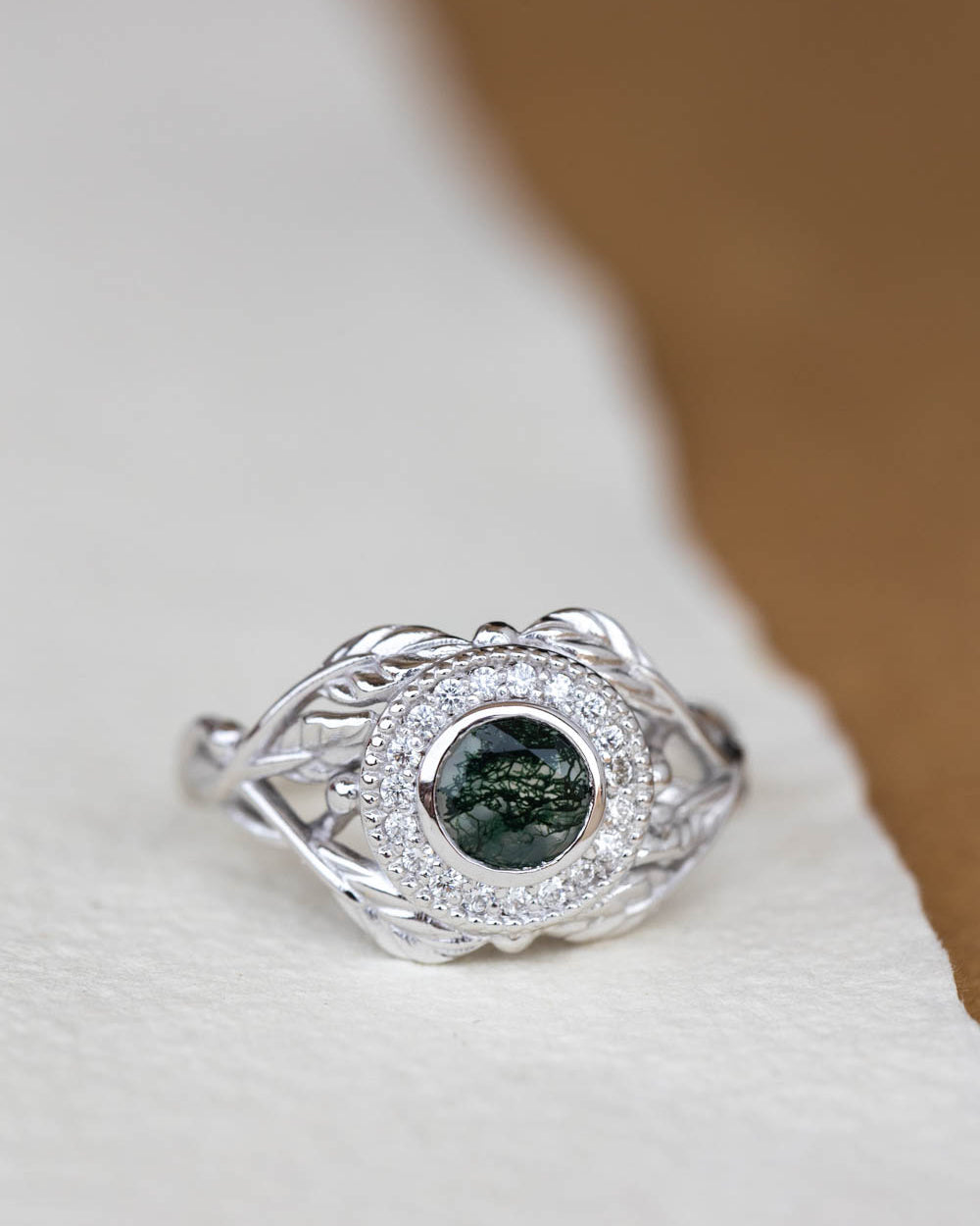 Moss agate and diamond halo engagement ring, nature themed gold branch ring  / Tilia halo - Eden Garden Jewelry™