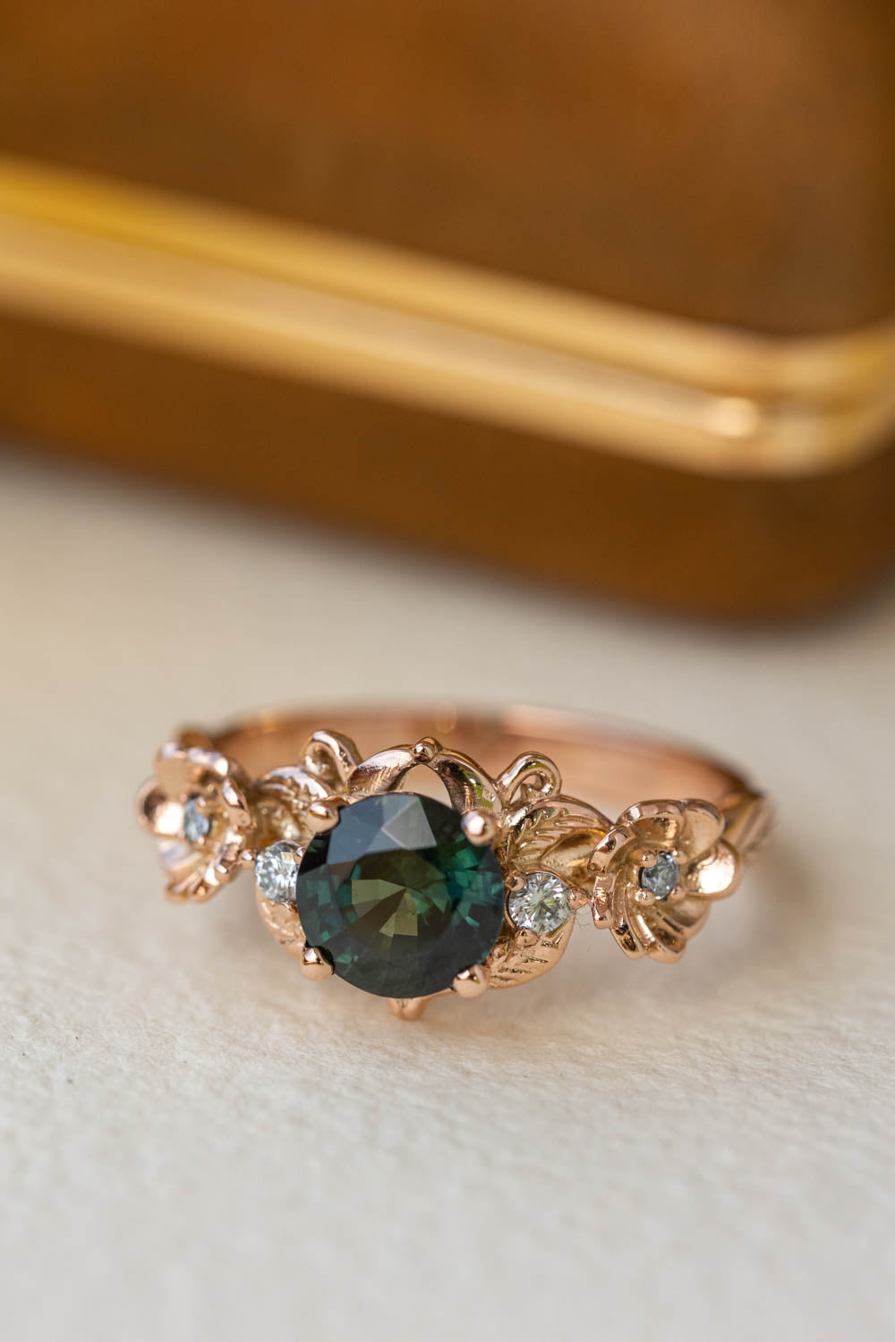 1 carat teal sapphire engagement ring, floral ring with diamonds / Adelina - Eden Garden Jewelry™