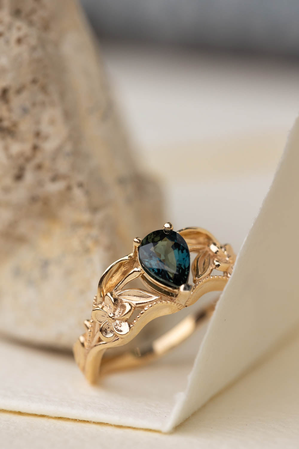 Genuine teal sapphire engagement ring, gold flower proposal ring / Eloise - Eden Garden Jewelry™