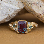 READY TO SHIP: Patricia ring in 14K yellow gold, lab alexandrite emerald cut 8x6 mm, accent moss agates and salt&pepper diamonds, AVAILABLE RING SIZES: 6-8US - Eden Garden Jewelry™