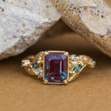 READY TO SHIP: Patricia ring in 14K yellow gold, lab alexandrite emerald cut 8x6 mm, accent moss agates and salt&pepper diamonds, AVAILABLE RING SIZES: 6-8US - Eden Garden Jewelry™