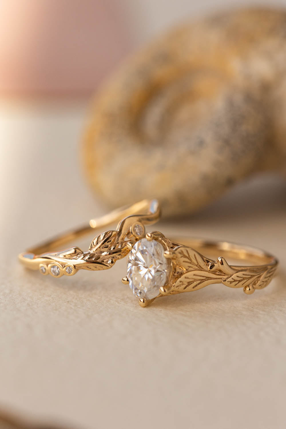 Moissanite gold leaf engagement ring, oval cut gemstone proposal ring / Freesia - Eden Garden Jewelry™