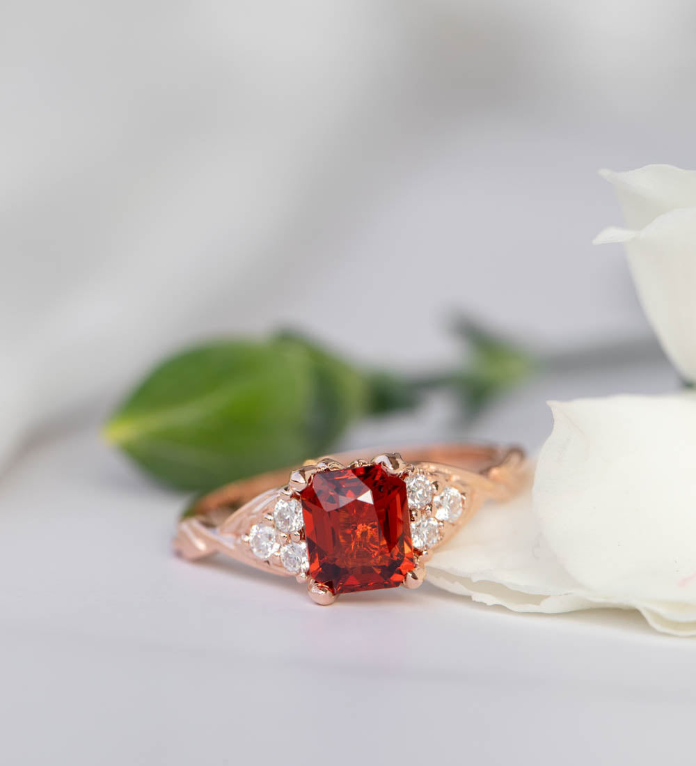 Emerald cut garnet engagement ring, rose gold proposal ring with diamonds / Gloria - Eden Garden Jewelry™