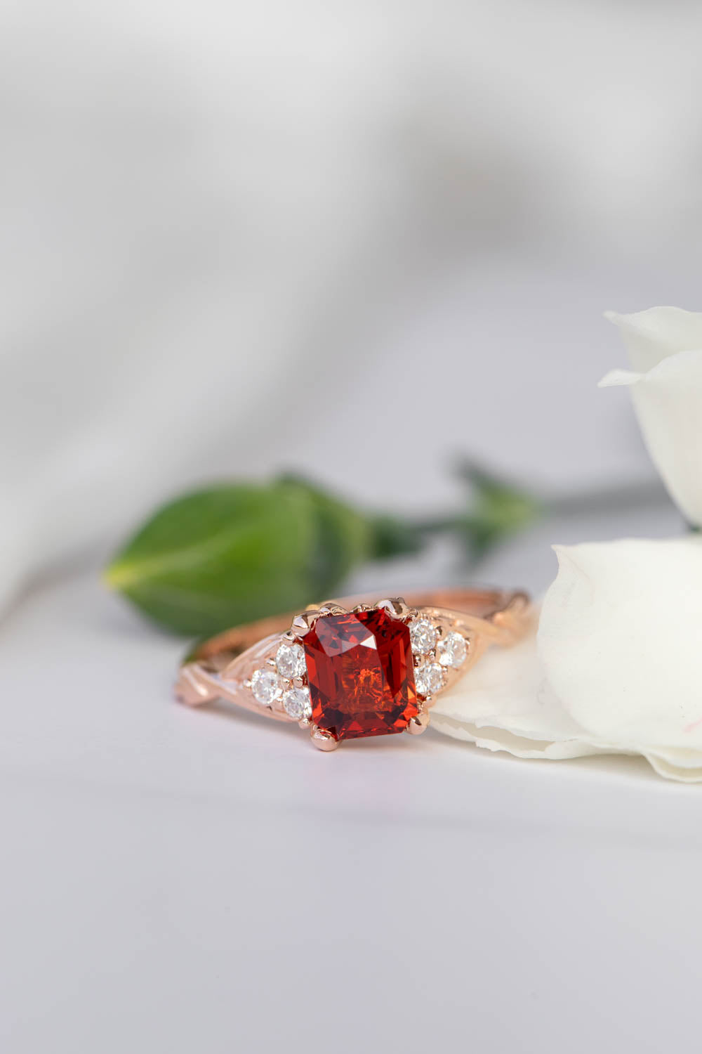 Emerald cut garnet engagement ring, rose gold proposal ring with diamonds / Gloria - Eden Garden Jewelry™