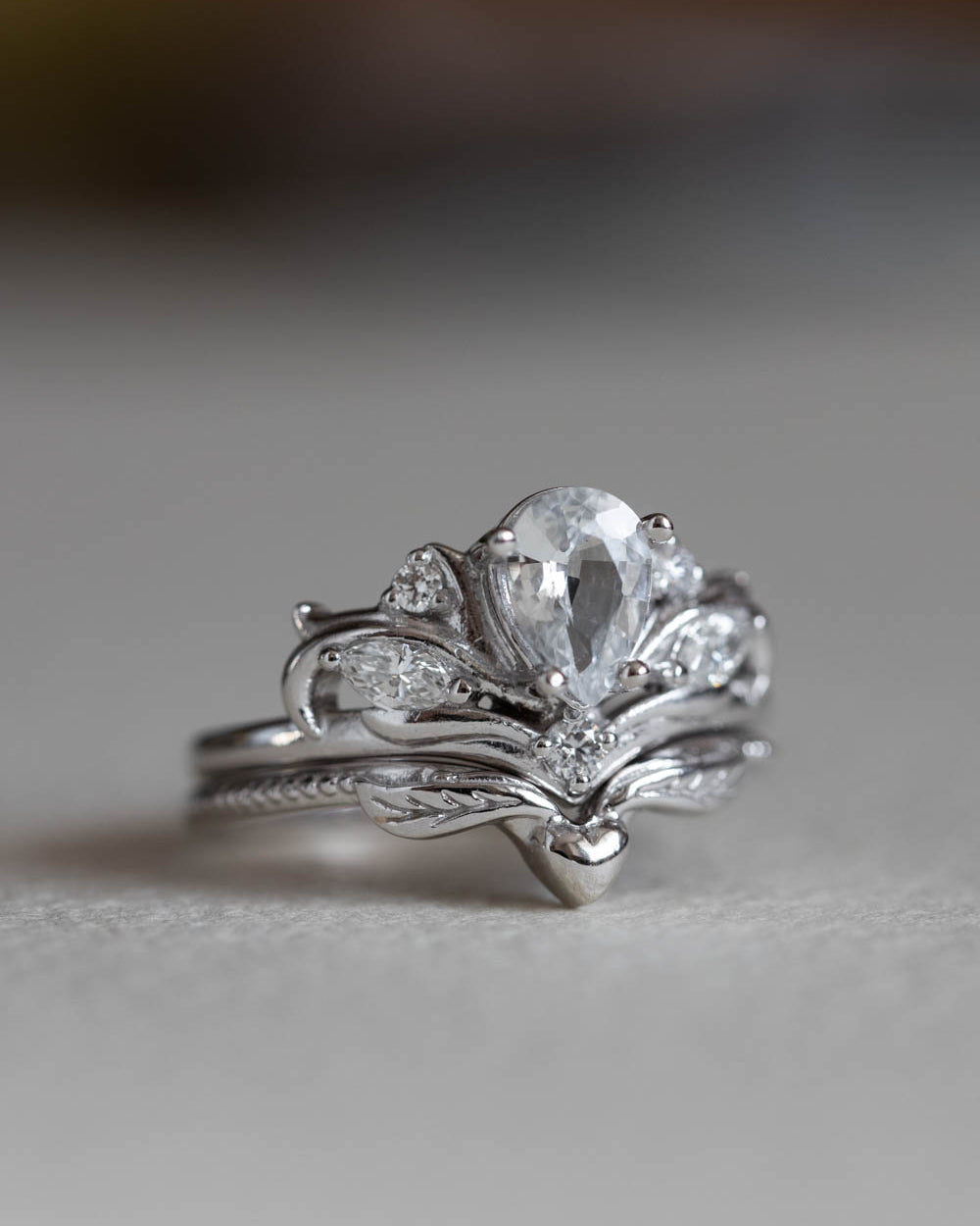 White sapphire gold engagement ring set, nature themed promise ring / Swanlake - Eden Garden Jewelry™