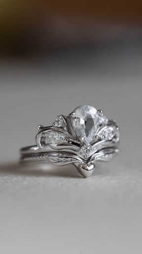 White sapphire gold engagement ring set, nature themed promise ring / Swanlake - Eden Garden Jewelry™