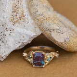 READY TO SHIP: Patricia ring in 14K yellow gold, lab alexandrite emerald cut 8x6 mm, accent moss agates and salt&pepper diamonds, AVAILABLE RING SIZES: 6-8US - Eden Garden Jewelry™