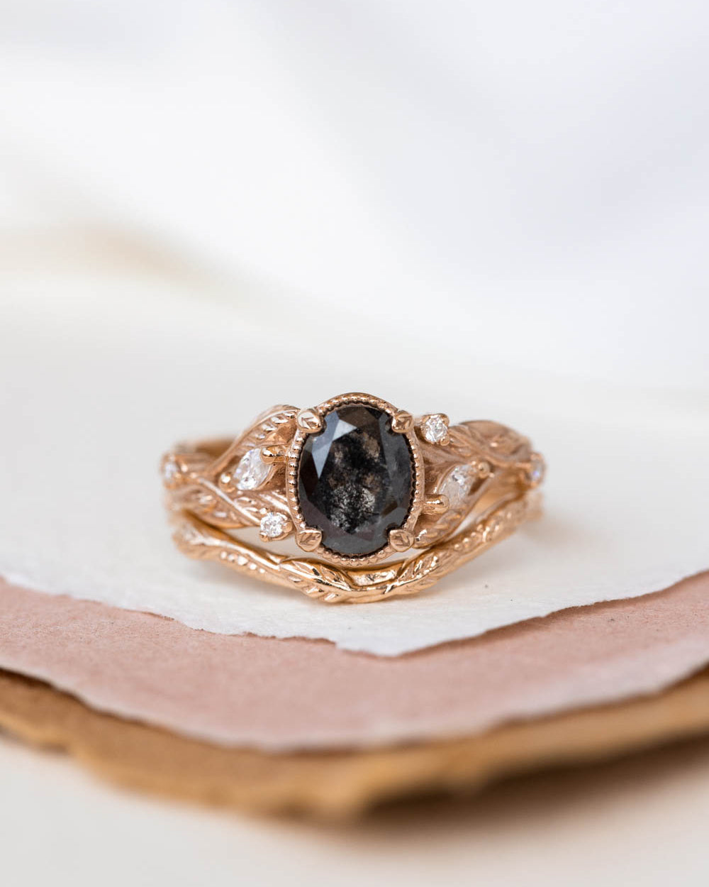 Oval salt and pepper diamond engagement ring set, nature inspired bridal ring set with diamonds / Patricia - Eden Garden Jewelry™