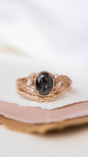 Oval salt and pepper diamond engagement ring set, nature inspired bridal ring set with diamonds / Patricia - Eden Garden Jewelry™