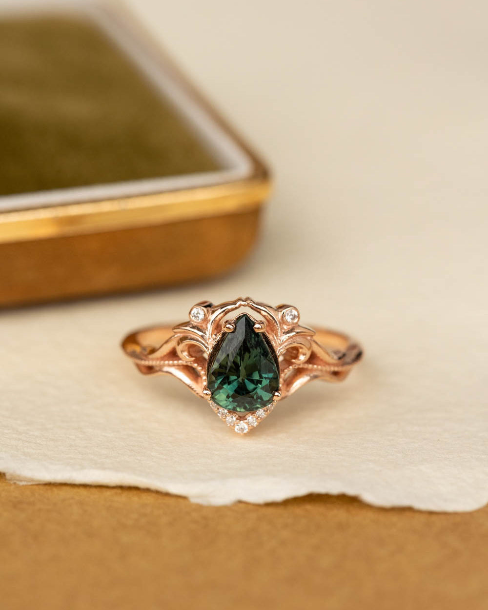 1.3 ct genuine green sapphire engagement ring, teardrop sapphire and diamonds proposal ring / Lida small - Eden Garden Jewelry™