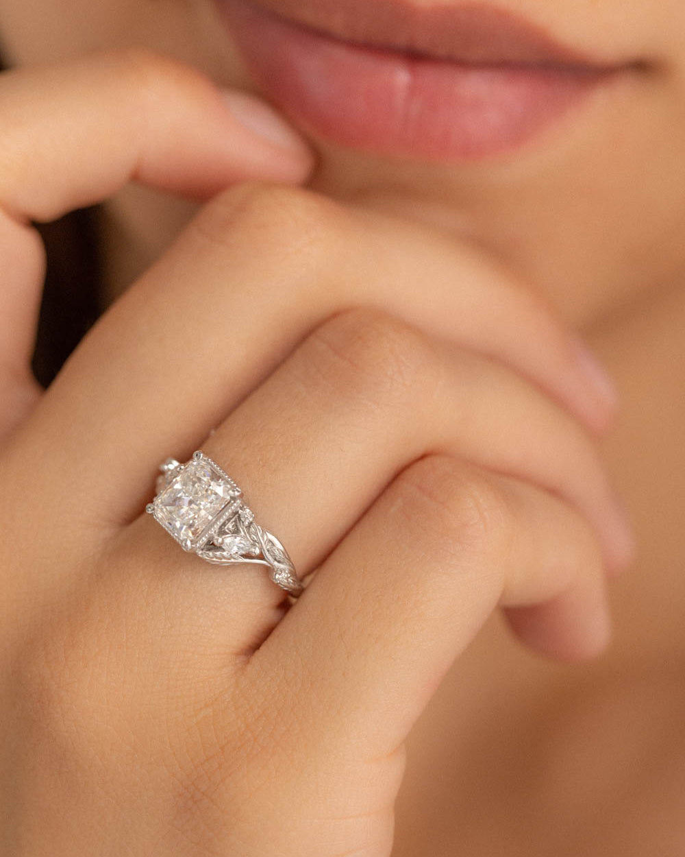 Emerald cut lab grown diamond engagement ring, white gold leaves and diamonds proposal ring / Patricia - Eden Garden Jewelry™