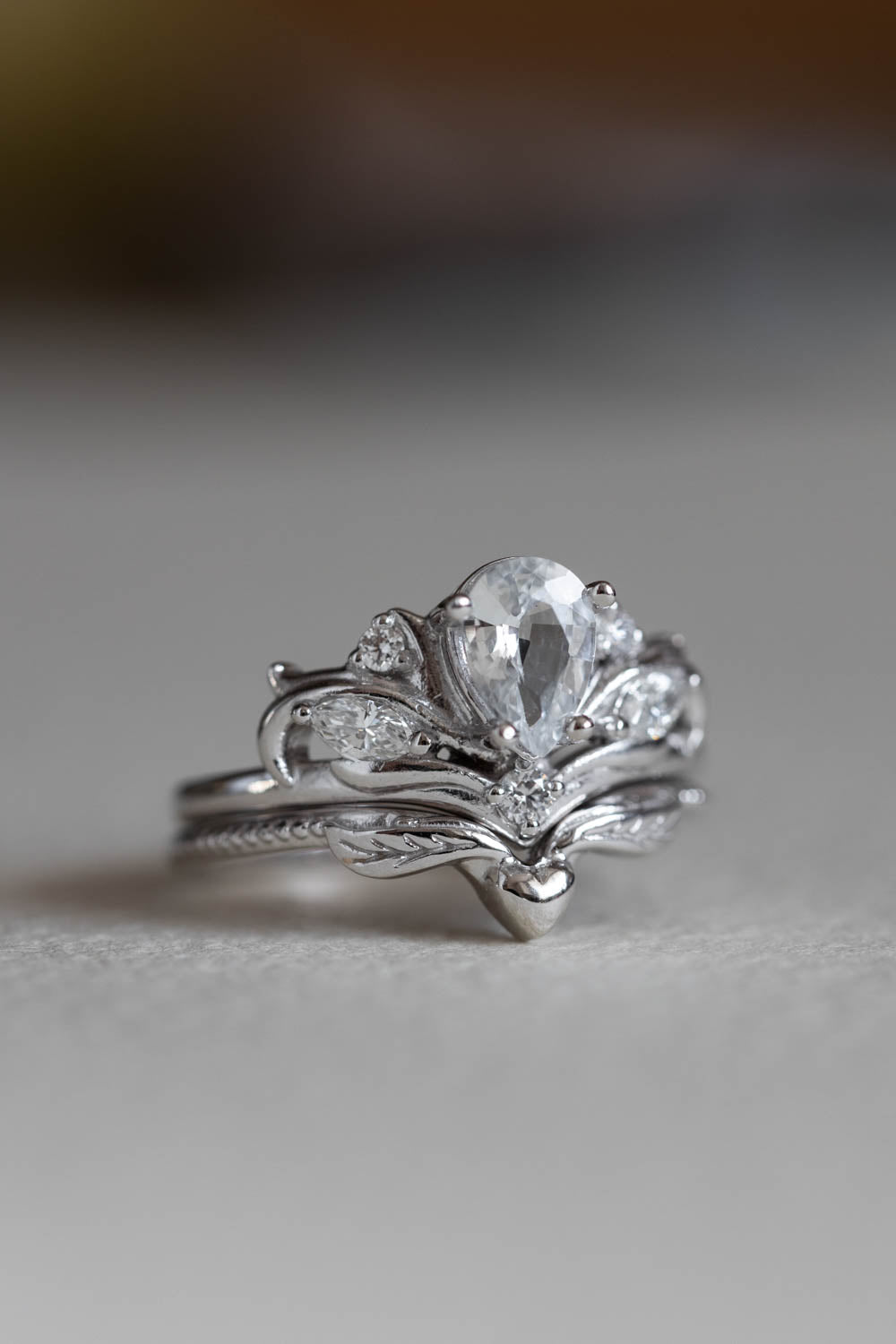 Pear cut white sapphire engagement ring, white gold fantasy ring with diamonds / Swanlake - Eden Garden Jewelry™