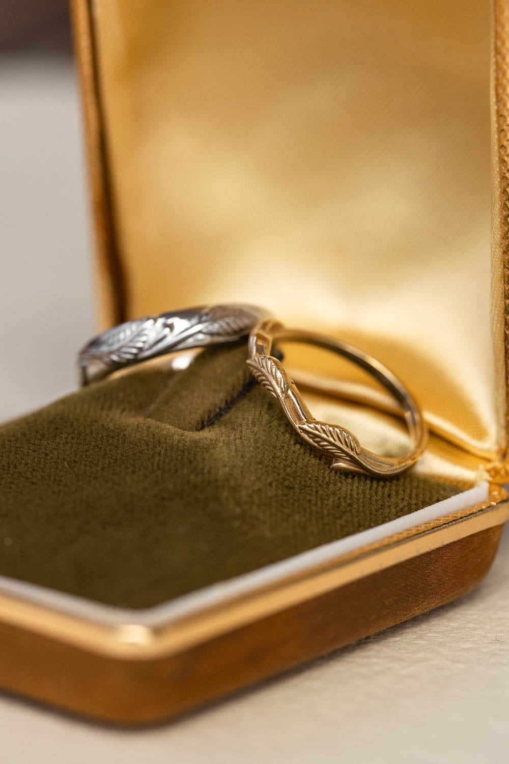 Wedding rings set for couples: white gold leaf band for him, gold twig band for her - Eden Garden Jewelry™