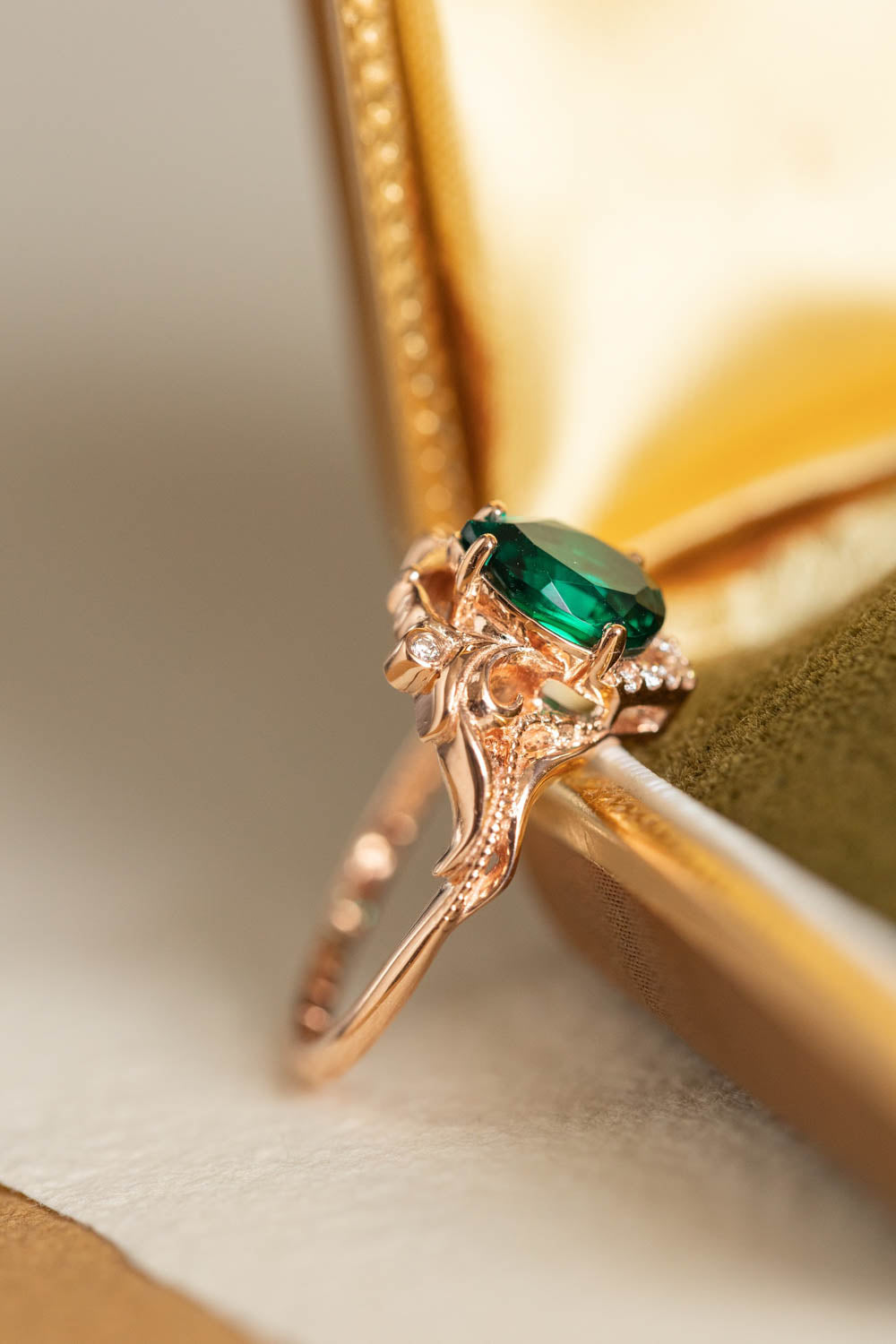 Lab emerald engagement ring Art Nouveau ring with diamonds