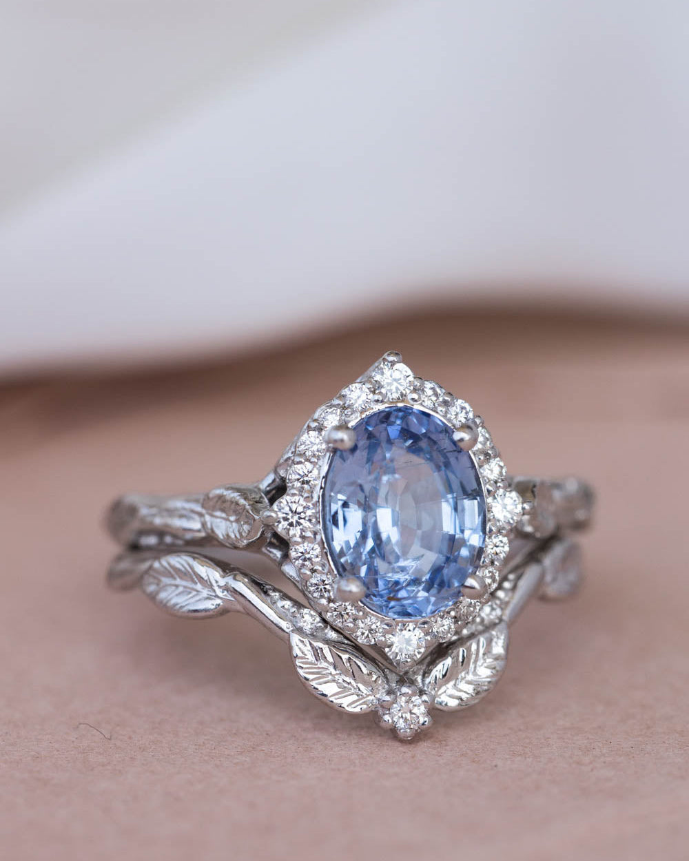 Natural sapphire and diamond halo engagement ring set, gorgeous bridal ring set with diamonds / Florentina - Eden Garden Jewelry™