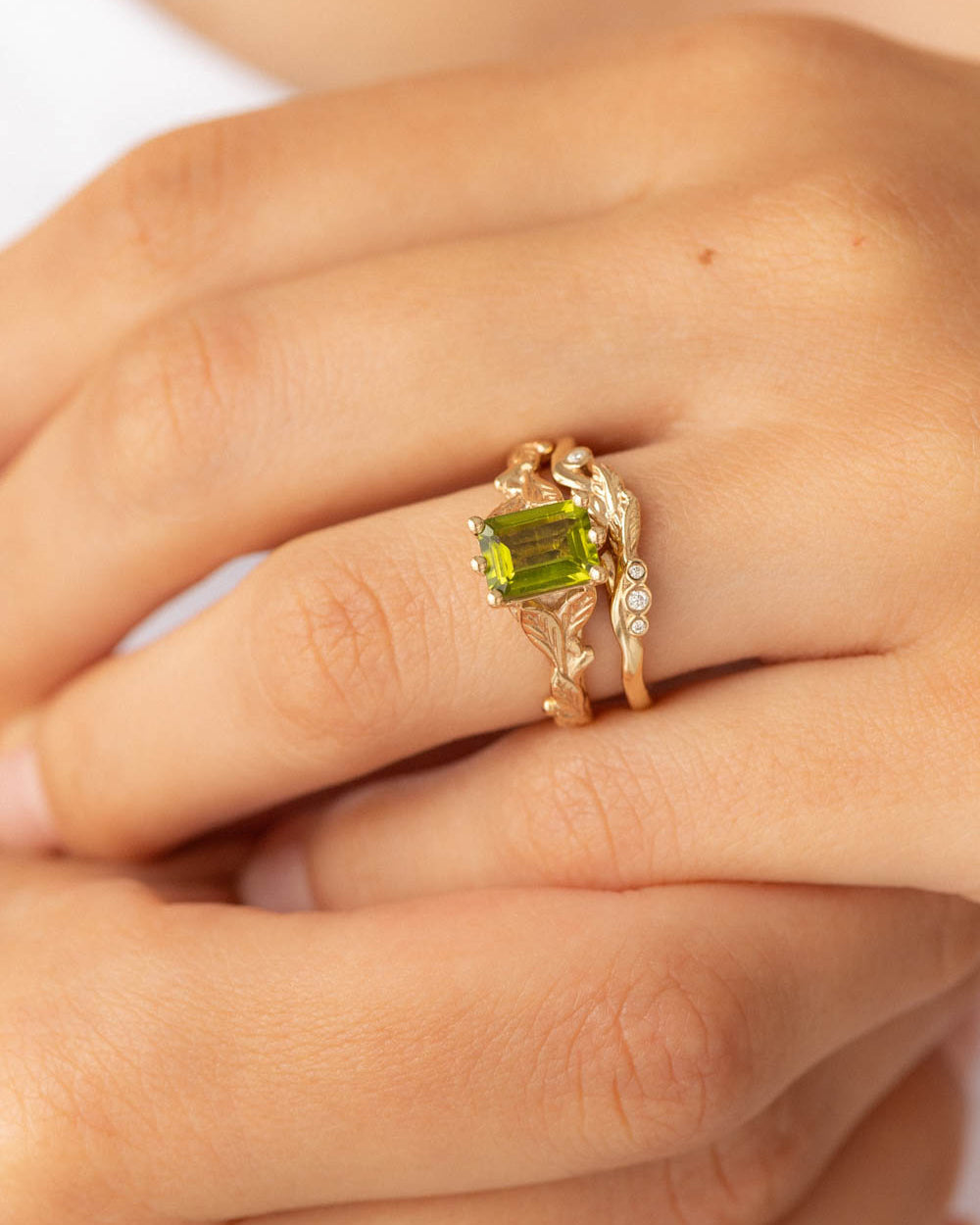 Octagon peridot engagement ring, nature themed branch proposal ring / Freesia - Eden Garden Jewelry™