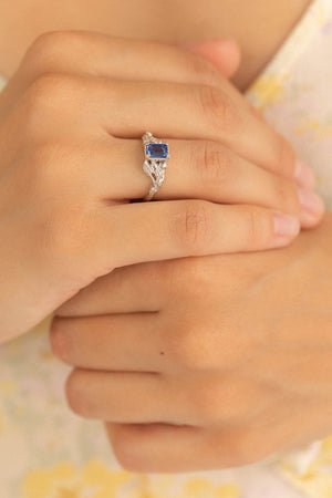 Genuine blue sapphire engagement ring with moonstones and diamonds / Patricia - Eden Garden Jewelry™
