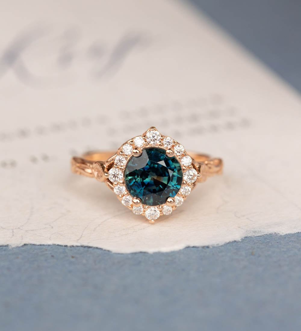 Gorgeous teal sapphire engagement ring with diamond halo, nature inspired gold ring with 2.3 carat sapphire and diamonds / Florentina - Eden Garden Jewelry™