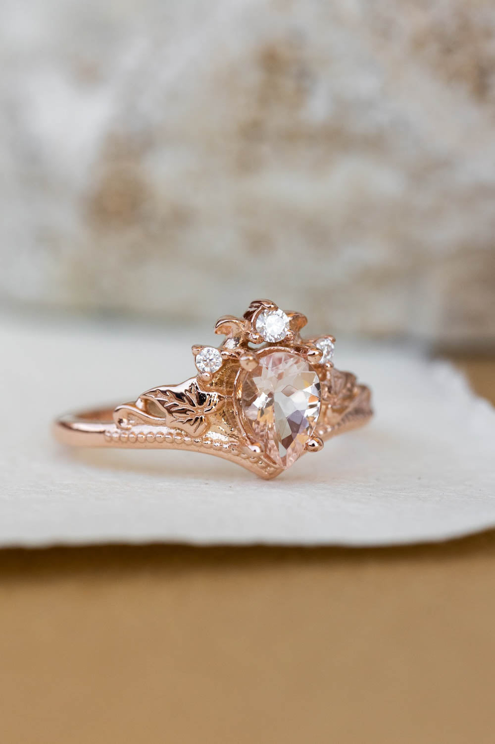 Natural pear morganite bridal ring set, rose gold ivy leaves engagement rings / Ariadne - Eden Garden Jewelry™