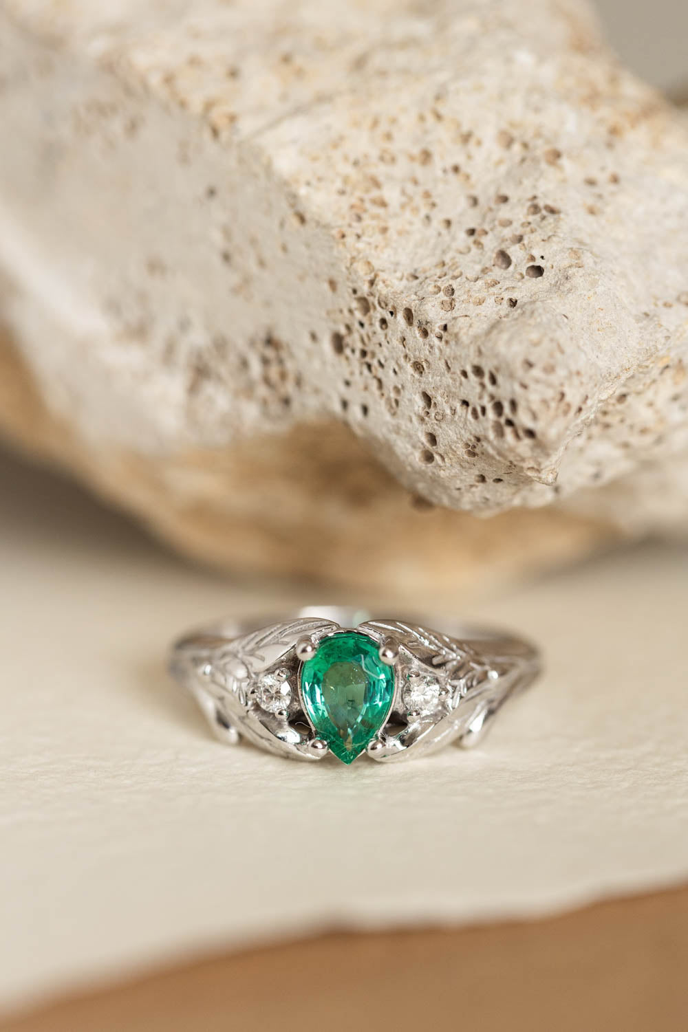 Natural emerald engagement ring, white gold leaf ring with accent diamonds / Wisteria - Eden Garden Jewelry™
