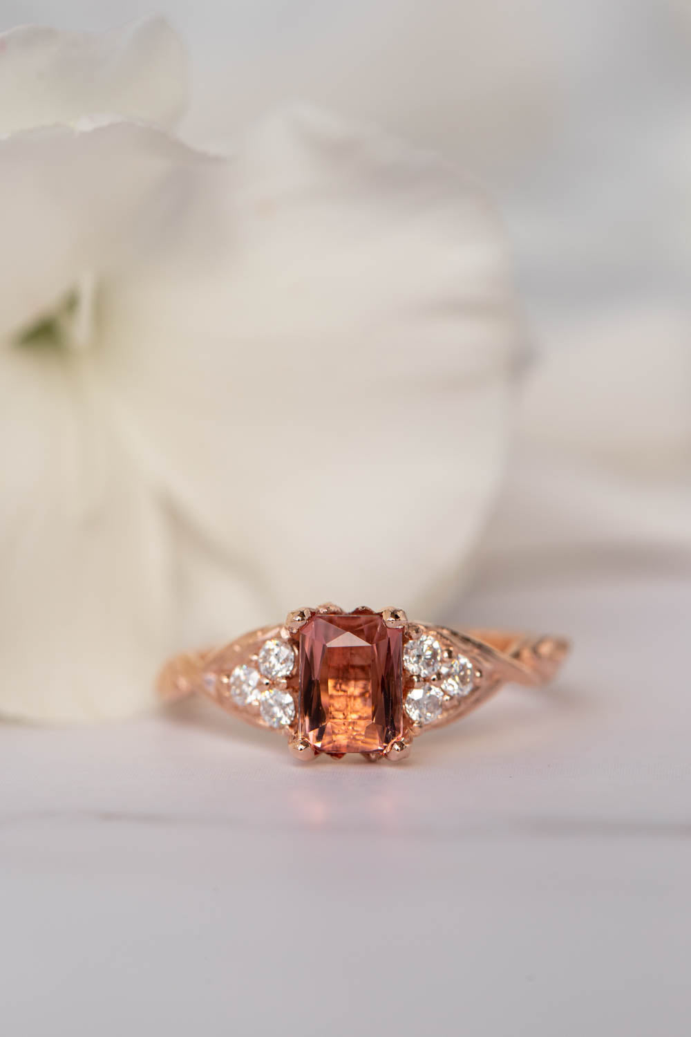 Pink tourmaline and diamonds engagement ring, emerald cut gemstone gold ring / Gloria - Eden Garden Jewelry™