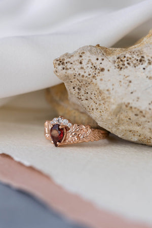 Diamond crown and garnet engagement ring, gorgeous nature inspired proposal ring / Royal Oak - Eden Garden Jewelry™