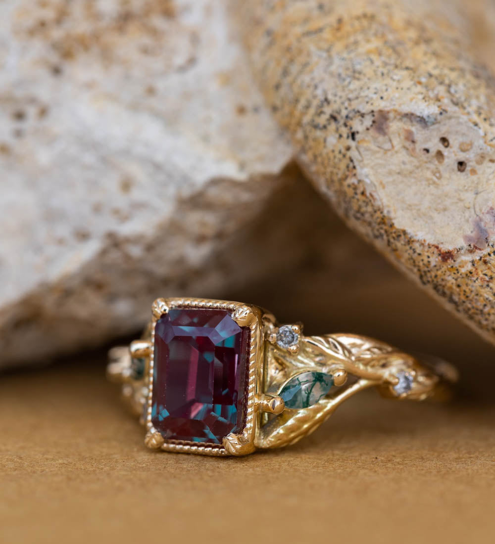 READY TO SHIP: Patricia ring in 14K yellow gold, lab alexandrite emerald cut 8x6 mm, accent moss agates and salt&pepper diamonds, AVAILABLE RING SIZES: 6-8US - Eden Garden Jewelry™