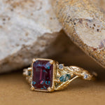 READY TO SHIP: Patricia ring in 14K yellow gold, lab alexandrite emerald cut 8x6 mm, accent moss agates and salt&pepper diamonds, AVAILABLE RING SIZES: 6-8US - Eden Garden Jewelry™