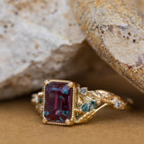 READY TO SHIP: Patricia ring in 14K yellow gold, lab alexandrite emerald cut 8x6 mm, accent moss agates and salt&pepper diamonds, AVAILABLE RING SIZES: 6-8US - Eden Garden Jewelry™