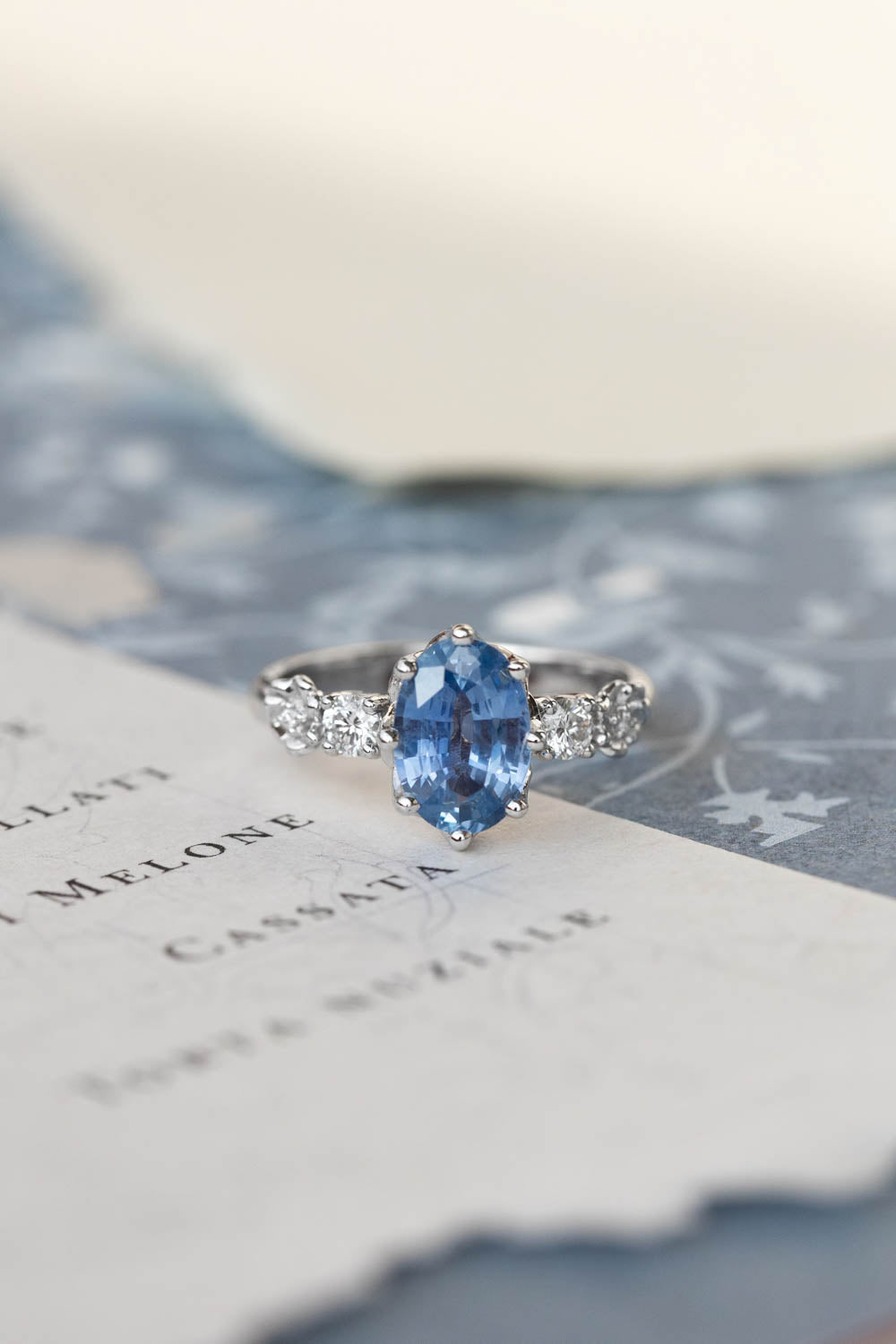 Blue sapphire engagement ring, white gold flower engagement ring / Fiorella - Eden Garden Jewelry™