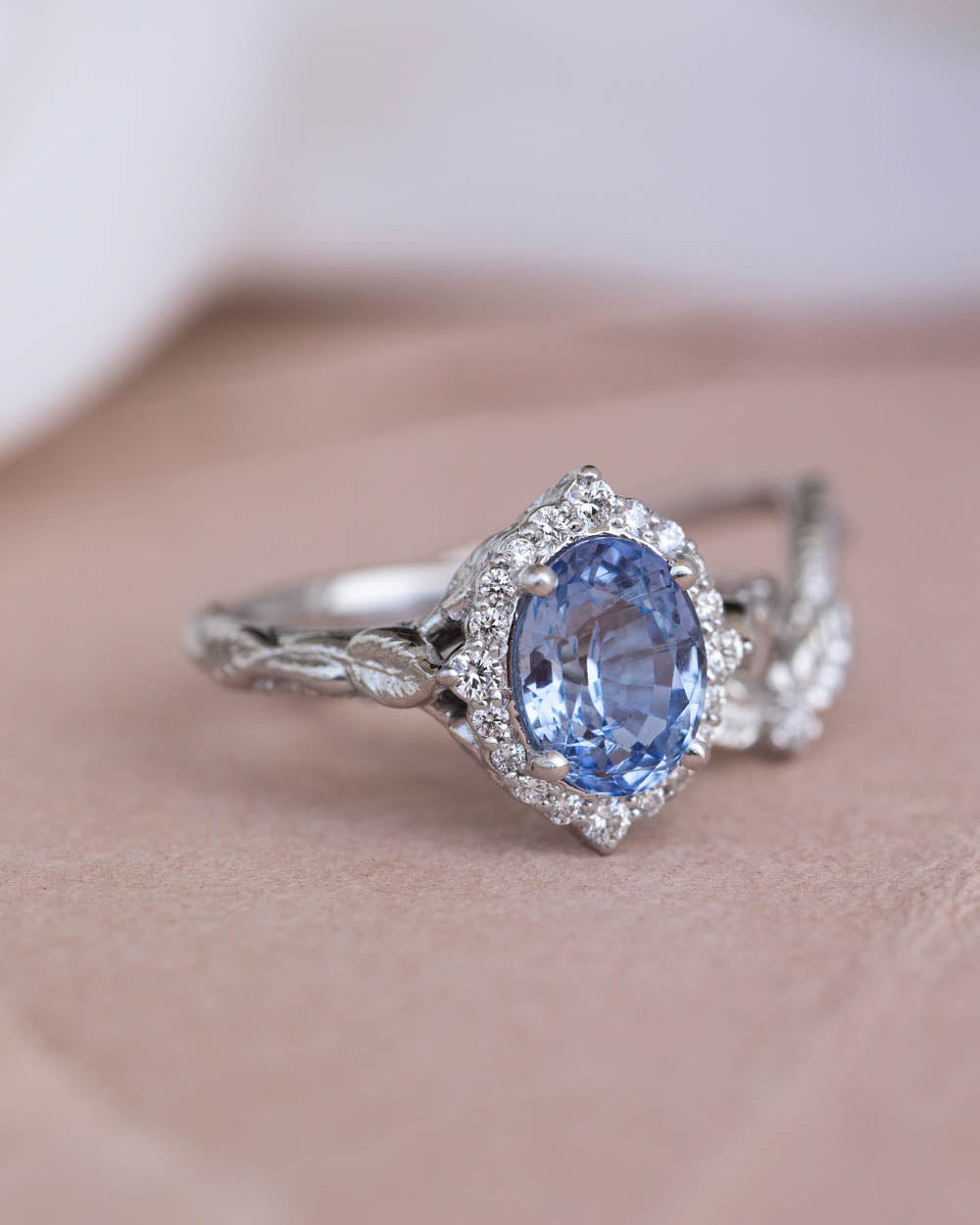 Natural sapphire and diamond halo engagement ring set, gorgeous bridal ring set with diamonds / Florentina - Eden Garden Jewelry™