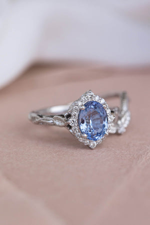 Natural sapphire and diamond halo engagement ring set, gorgeous bridal ring set with diamonds / Florentina - Eden Garden Jewelry™