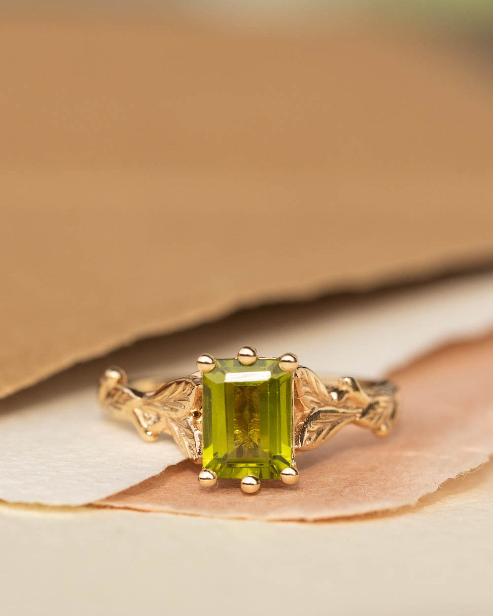 Octagon peridot engagement ring, nature themed branch proposal ring / Freesia - Eden Garden Jewelry™