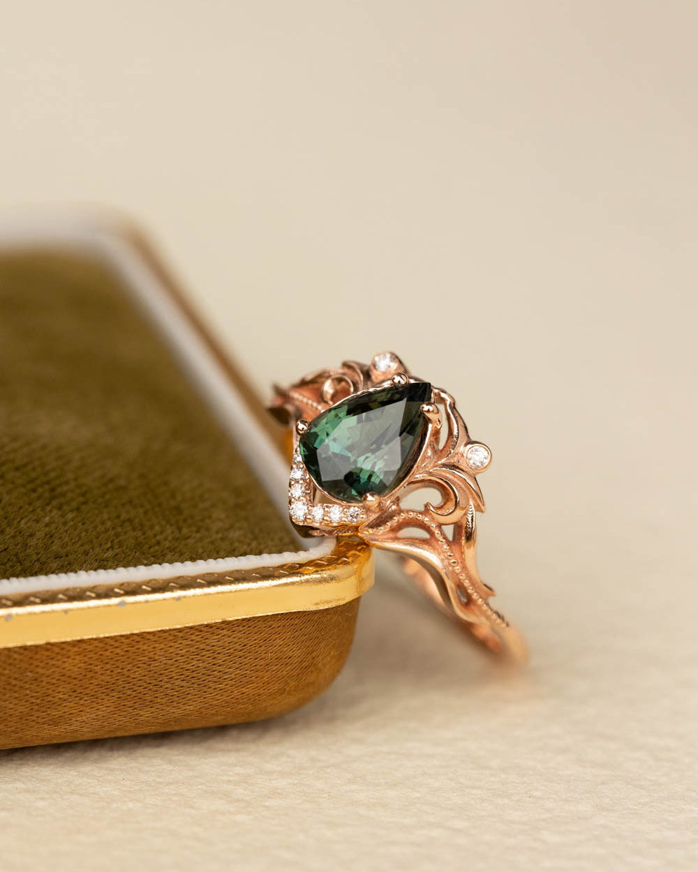 1.3 ct genuine green sapphire engagement ring, teardrop sapphire and diamonds proposal ring / Lida small - Eden Garden Jewelry™