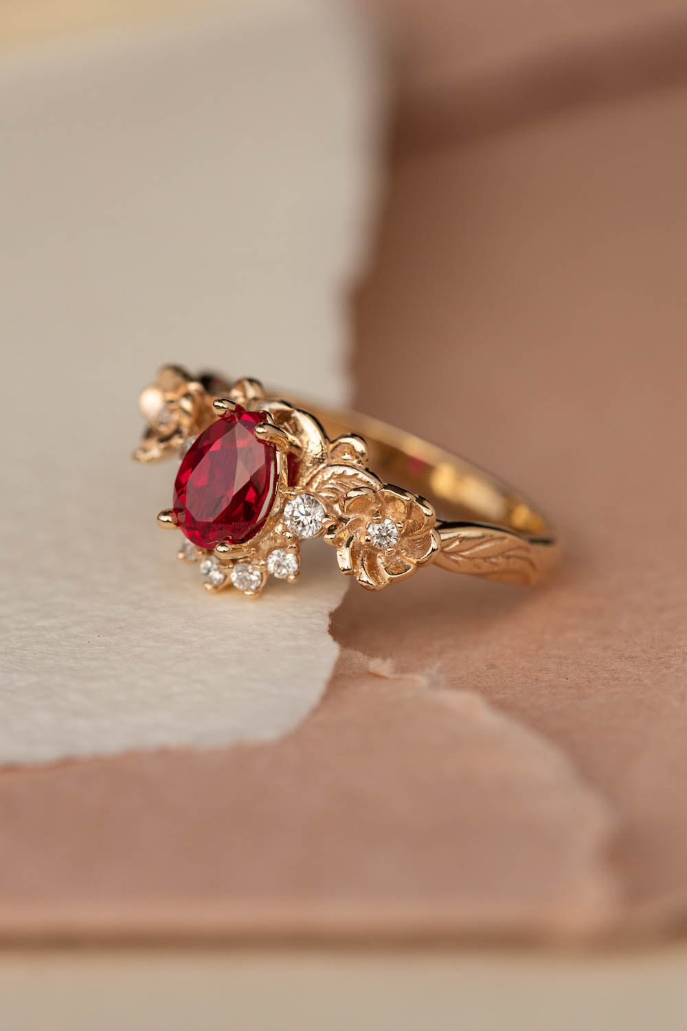 Lab ruby bridal ring set with diamond crown, unique flower engagement ring set / Adelina - Eden Garden Jewelry™
