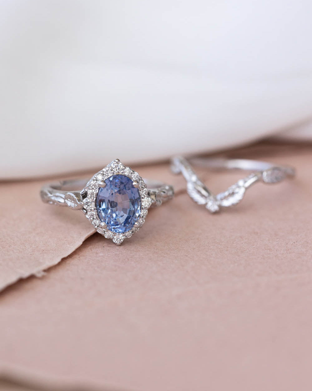 Natural sapphire and diamond halo engagement ring set, gorgeous bridal ring set with diamonds / Florentina - Eden Garden Jewelry™