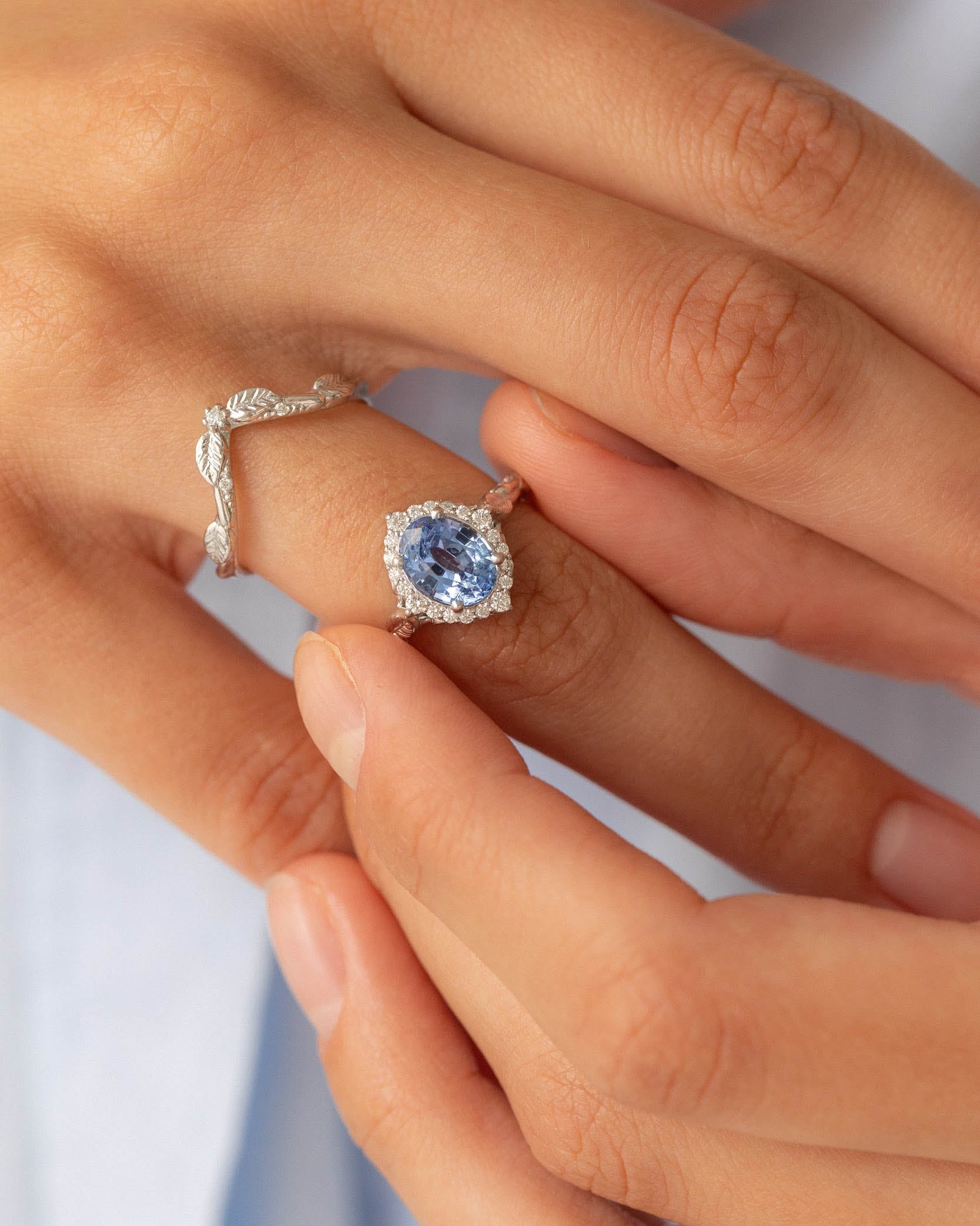 READY TO SHIP: Florentina bridal ring set in 14K white gold, natural sapphire 9x7 mm, natural diamonds, AVAILABLE RING SIZES: 6-8US - Eden Garden Jewelry™