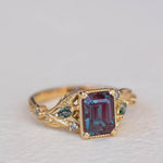 READY TO SHIP: Patricia ring in 14K yellow gold, lab alexandrite emerald cut 8x6 mm, accent moss agates and salt&pepper diamonds, AVAILABLE RING SIZES: 6-8US - Eden Garden Jewelry™